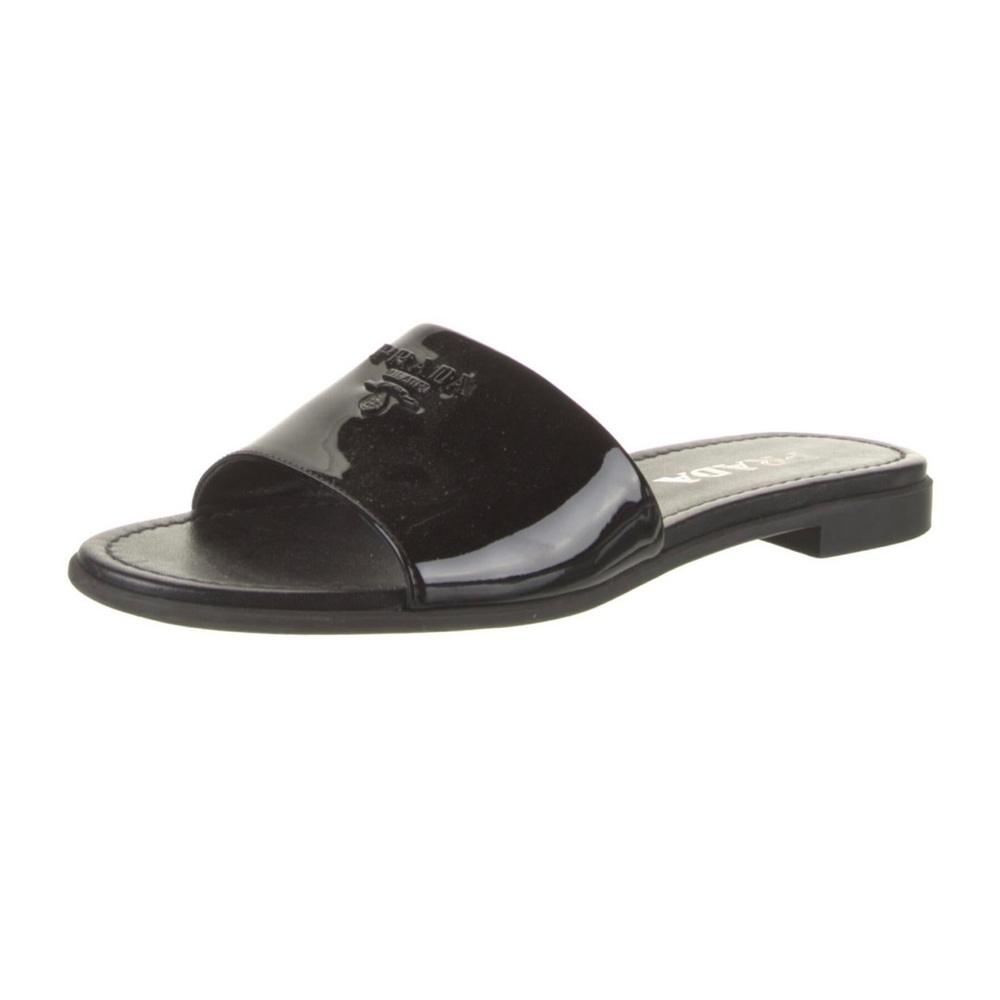 Prada Black Patent Leather Slide Sandals